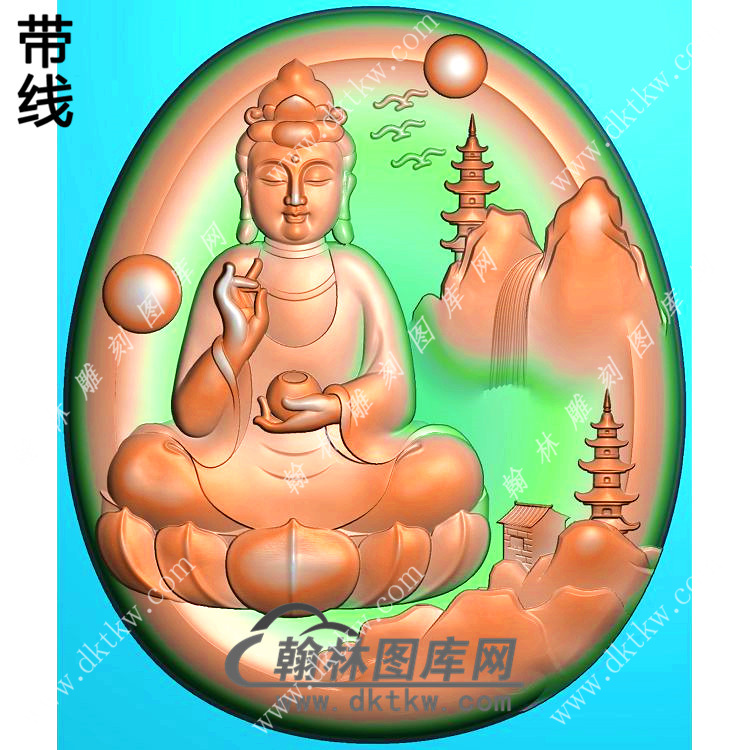 玉雕椭圆凹底手托香炉坐莲山水观音挂件带线精雕图（SGY-327)展示