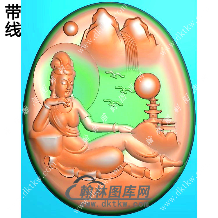 玉雕椭圆凹底自在坐山水观音挂件带线精雕图（SGY-330)展示