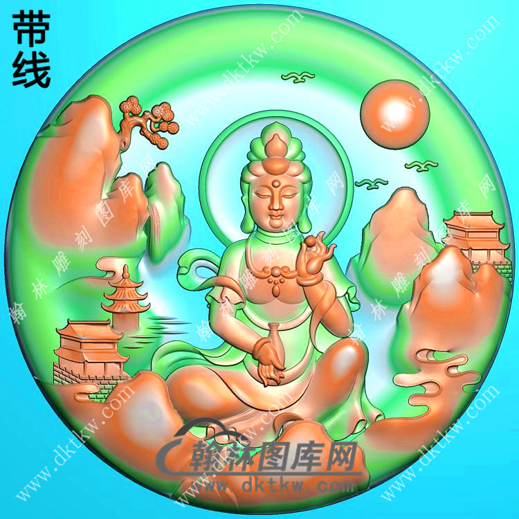 玉雕圆形凹底手托净瓶山水坐观音挂件带线精雕图（SGY-189)展示