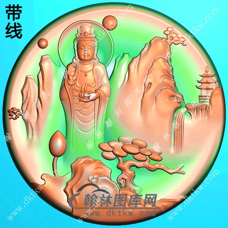 玉雕圆形山水站立观音挂件带线精雕图（SGY-179)展示