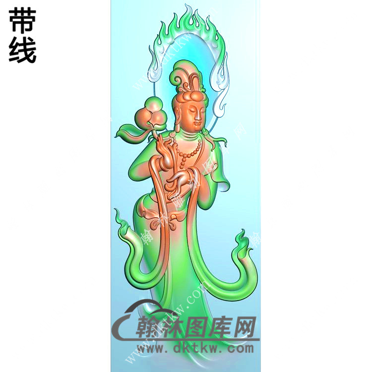 玉雕火焰背光手持莲花站观音挂件带线精雕图（OGY-314)展示