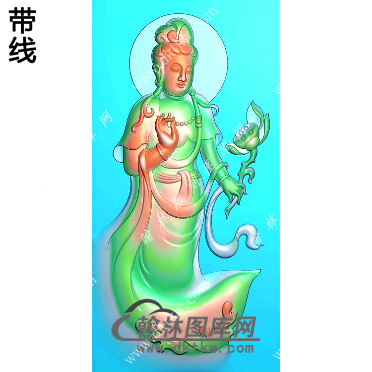 玉雕手持莲花站立观音挂件带线精雕图（OGY-416)展示