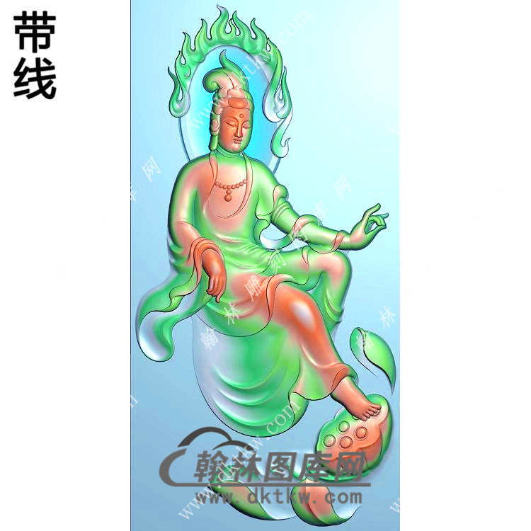 玉雕火焰背光脚踩莲花自在坐观音挂件带线精雕图（ZGY-544)展示