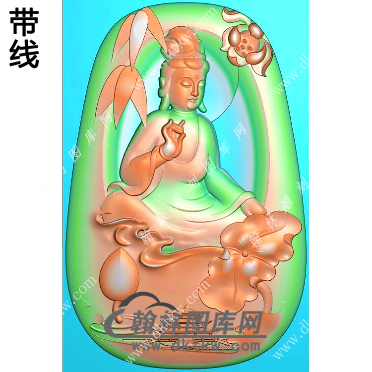 玉雕梯形凹底莲花竹子荷叶坐观音挂件带线精雕图（ZGY-595)展示