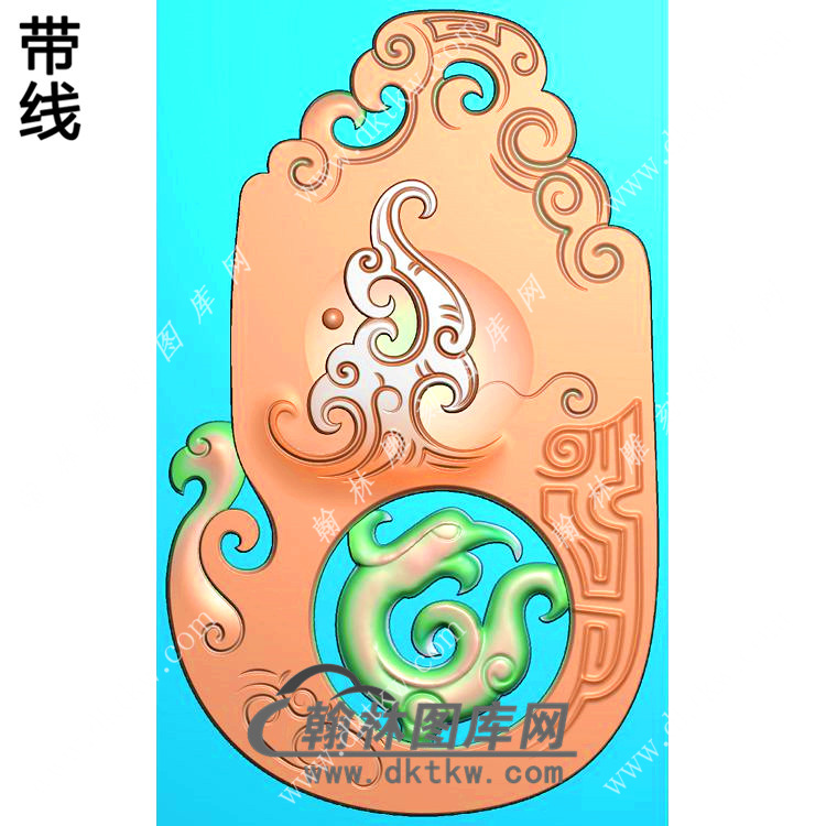 玉雕随形仿古龙凤对牌挂件带线精雕图（GLF-036)展示
