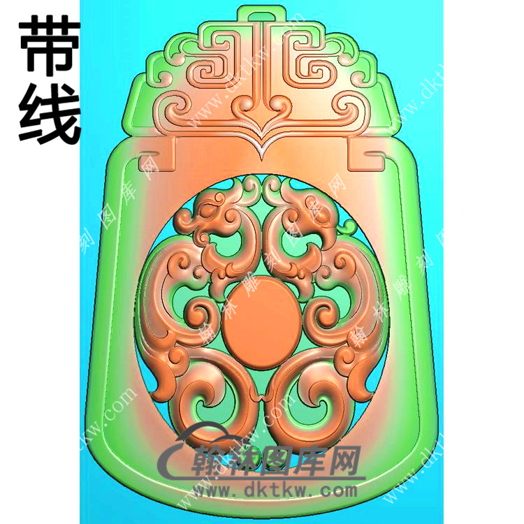 玉雕梯形弧面龙凤仿古牌挂件带线精雕图（GLF-119)展示