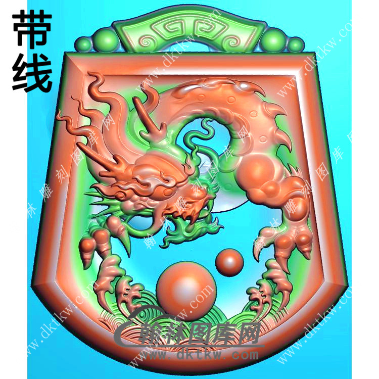 玉雕梯形凹底仿古牌头浪花龙牌挂件带线精雕图（GLF-188)展示