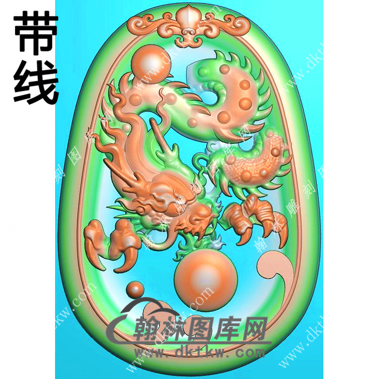 玉雕椭圆凹底洋花牌头龙牌挂件带线精雕图（GLF-505)展示