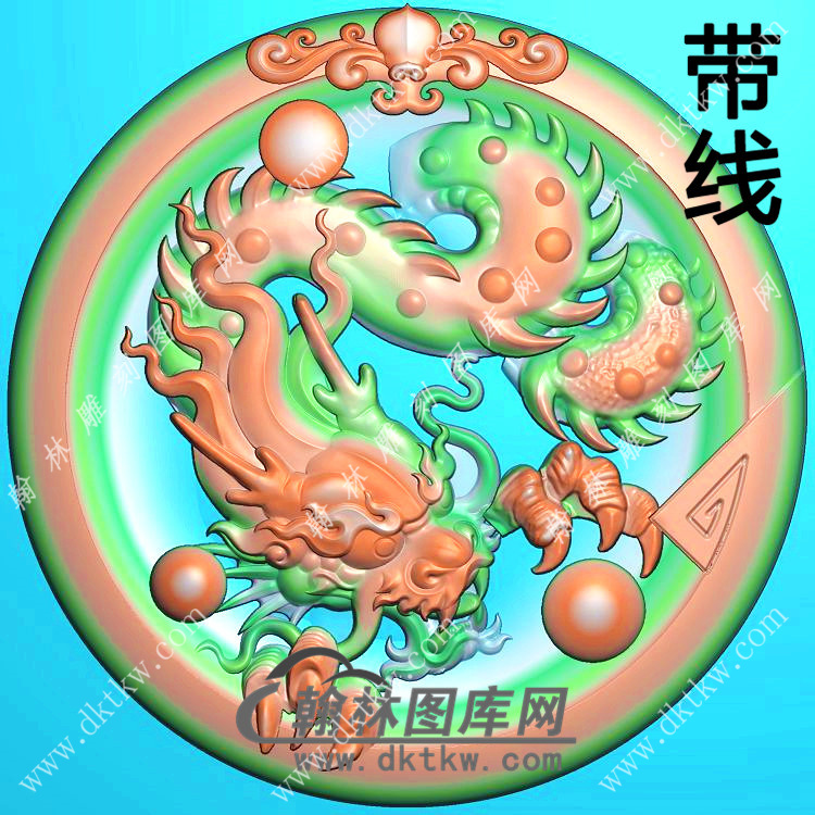 玉雕圆形凹底洋花牌头龙牌挂件带线精雕图（GLF-516)展示