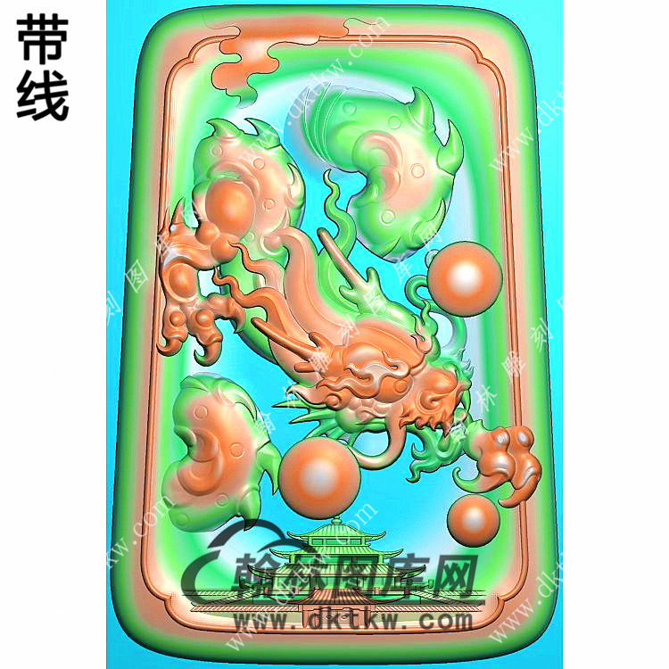 玉雕梯形凹底府上有龙龙牌挂件带线精雕图（LF-426)展示