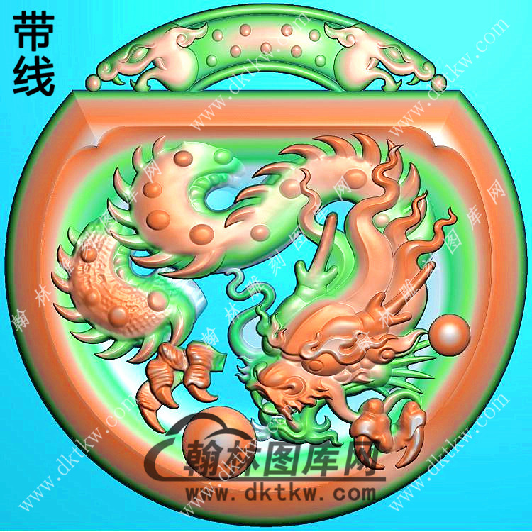 玉雕圆形凹底双龙牌头龙牌挂件带线精雕图（LF-422)展示