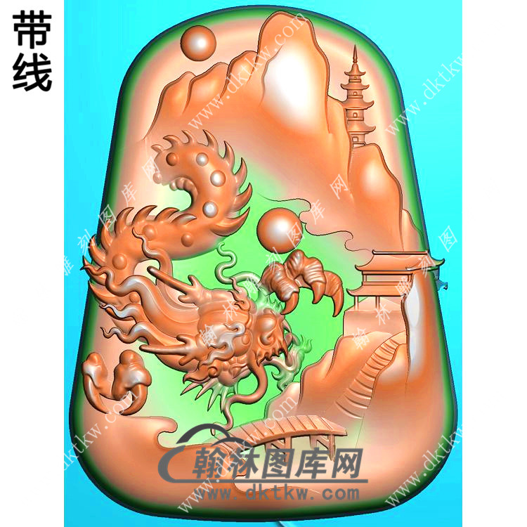 玉雕梯形山水龙牌挂件带线精雕图（GLF-291)展示