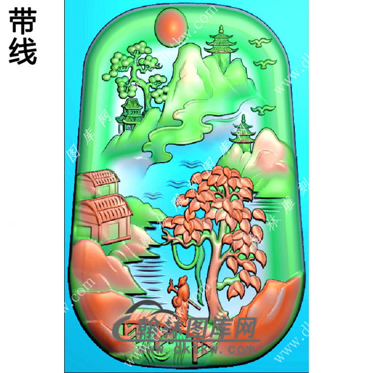 凹底山水人物挂件带线精雕图（SSG-371)展示