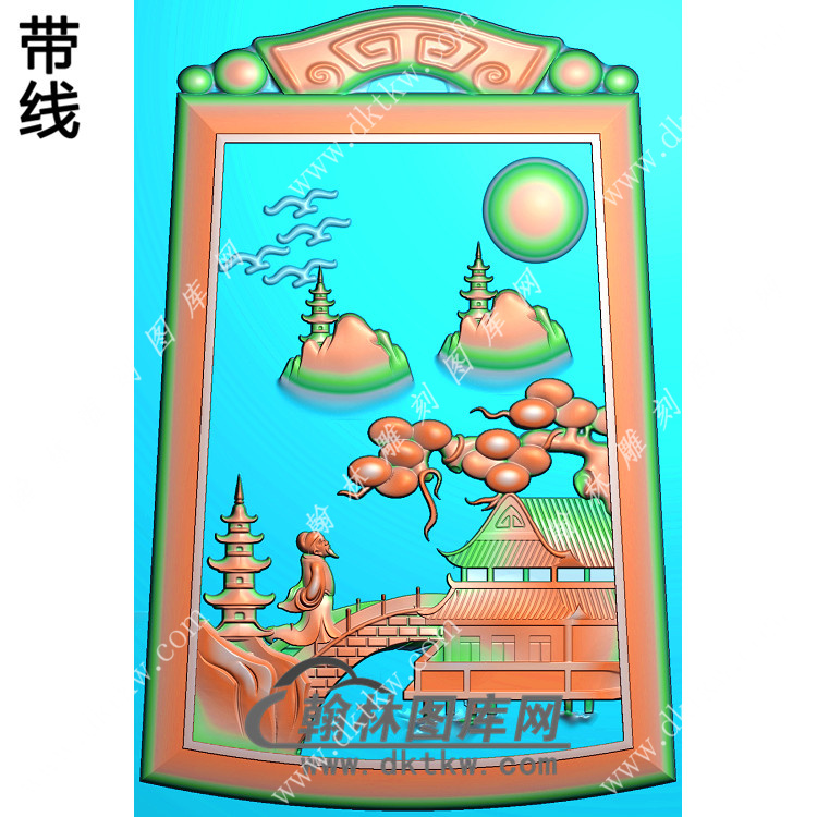 仿古牌头山水人物挂件带线精雕图（SSG-284)展示