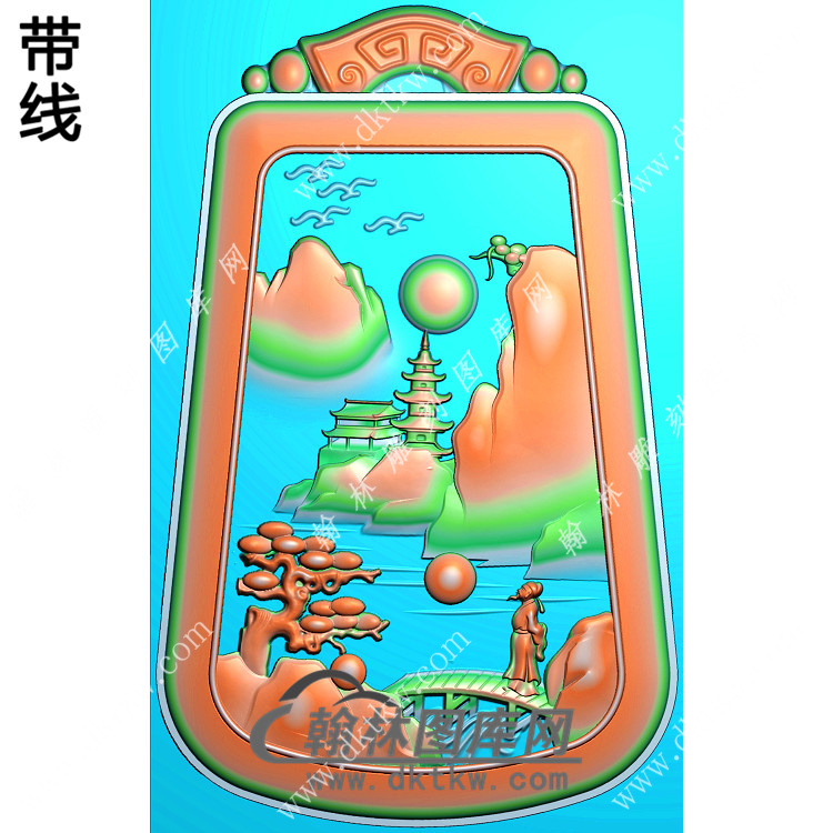 仿古牌头山水人物挂件带线精雕图（SSG-285)展示
