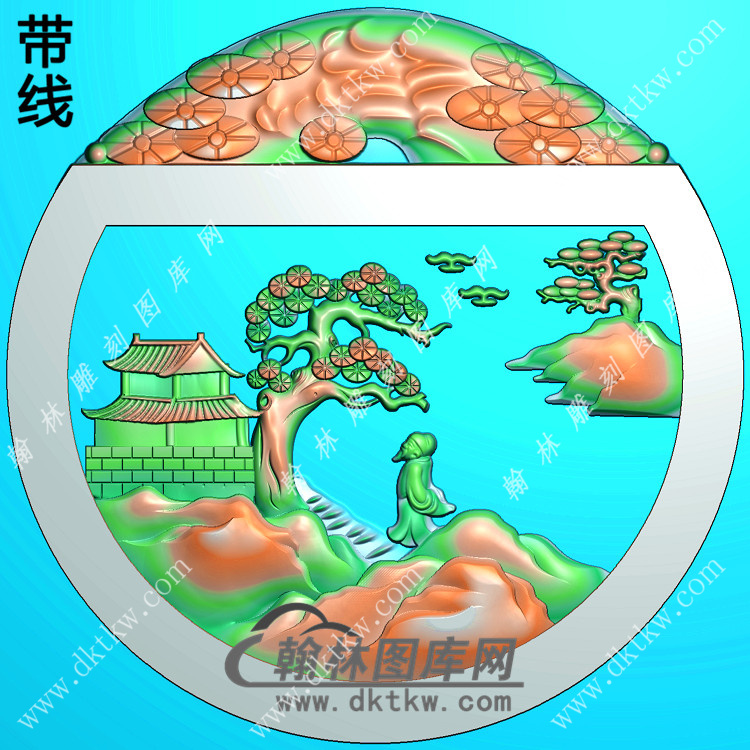 松树牌头山水人物挂件带线精雕图（SSG-344)展示