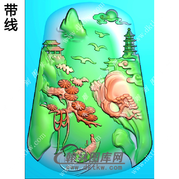 松树塔山水挂件带线精雕图（SSG-362)展示