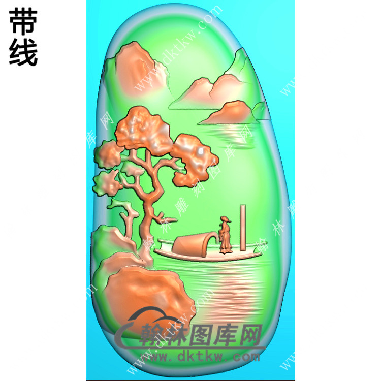 玉雕随形山水人物乘船挂件带线精雕图（SSG-438)展示