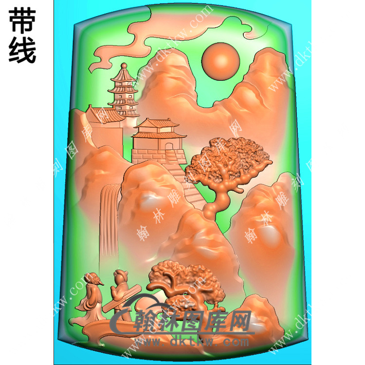 玉雕梯形山水人物挂件带线精雕图（SSG-406)展示