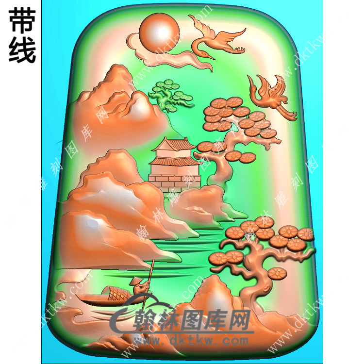 玉雕梯形山水人物挂件带线精雕图（SSG-410)展示