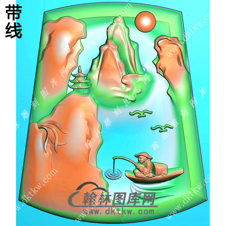 玉雕梯形山水人物挂件带线精雕图（SSG-470)展示