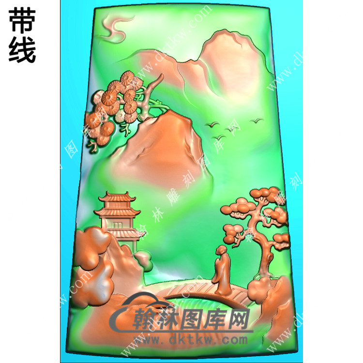 玉雕梯形山水人物过桥挂件带线精雕图（SSG-428)展示