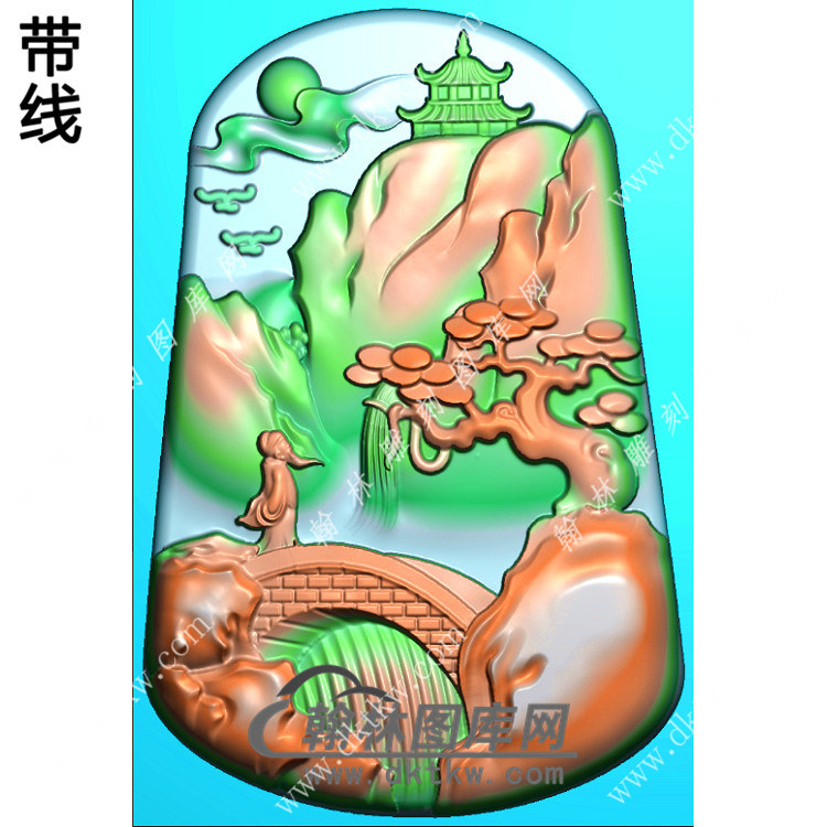 玉雕梯形山水人物过桥挂件带线精雕图（SSG-437)展示