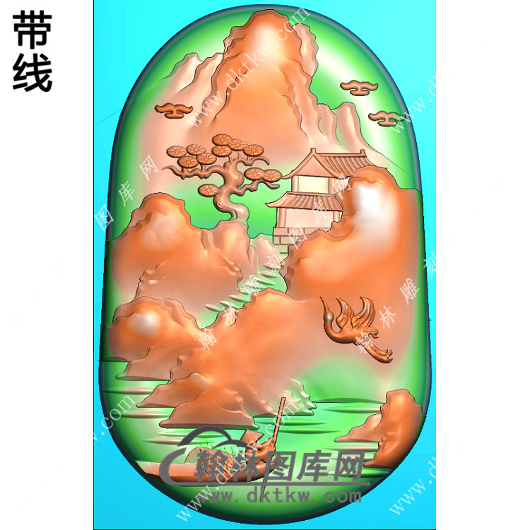 玉雕椭圆山水人物挂件带线精雕图（SSG-402)展示