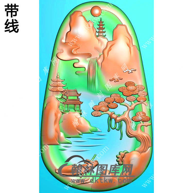 玉雕椭圆山水人物挂件带线精雕图（SSG-468)展示