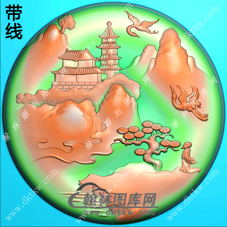 玉雕圆形山水人物挂件带线精雕图（SSG-398)展示