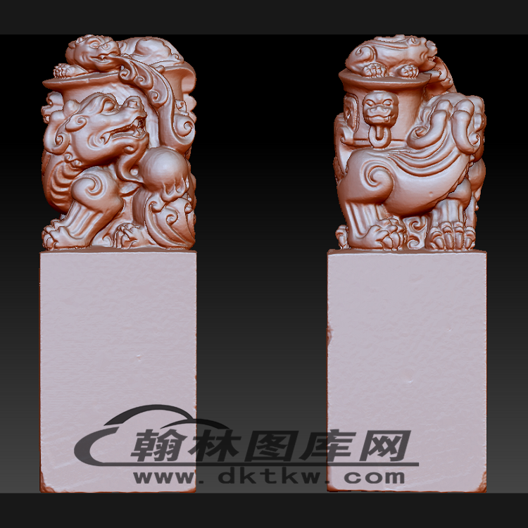 双兽貔貅狮子方印章立体圆雕图（BLG-071）展示
