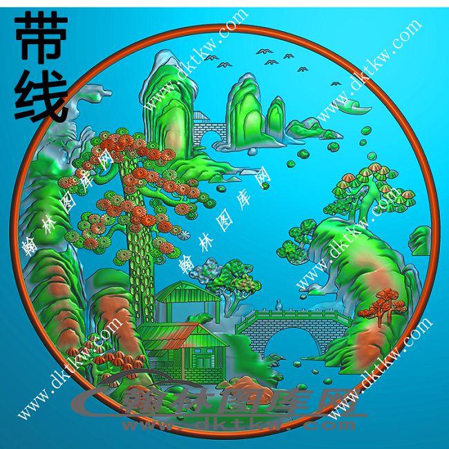 山水专区 山水系列房屋小桥树木大雁圆形带线精雕图(ZSJD-0525).jpg
