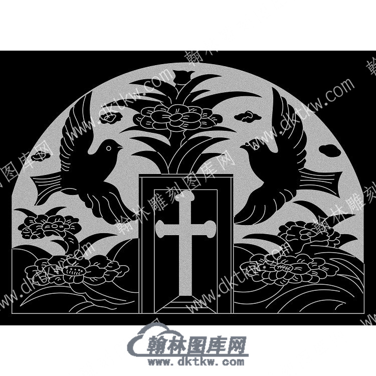 墓碑碑头和平鸽基督教十字架线雕图（MBBT-235).jpg