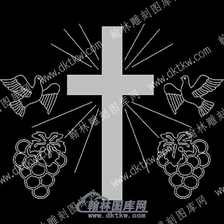 墓碑碑头基督教十字架和平鸽葡萄线雕图（MBBT-284).jpg