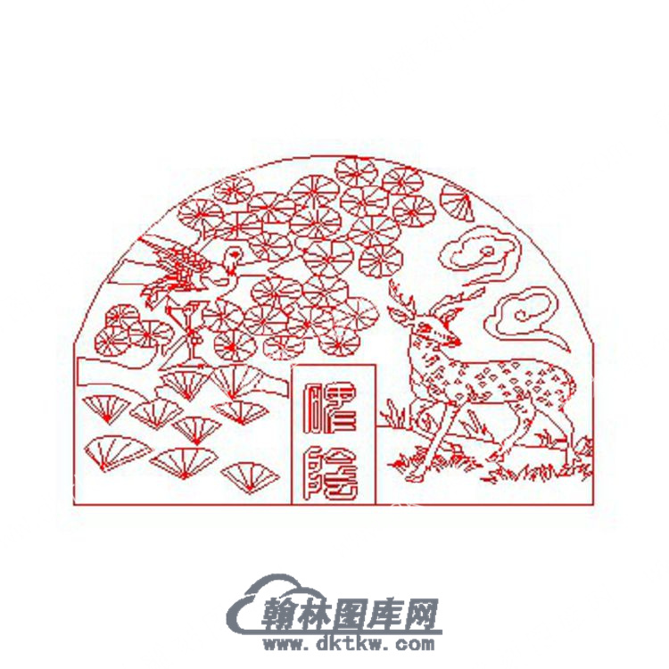 墓碑碑头祥云仙鹤与鹿矢量线雕图（MBBT-262).jpg