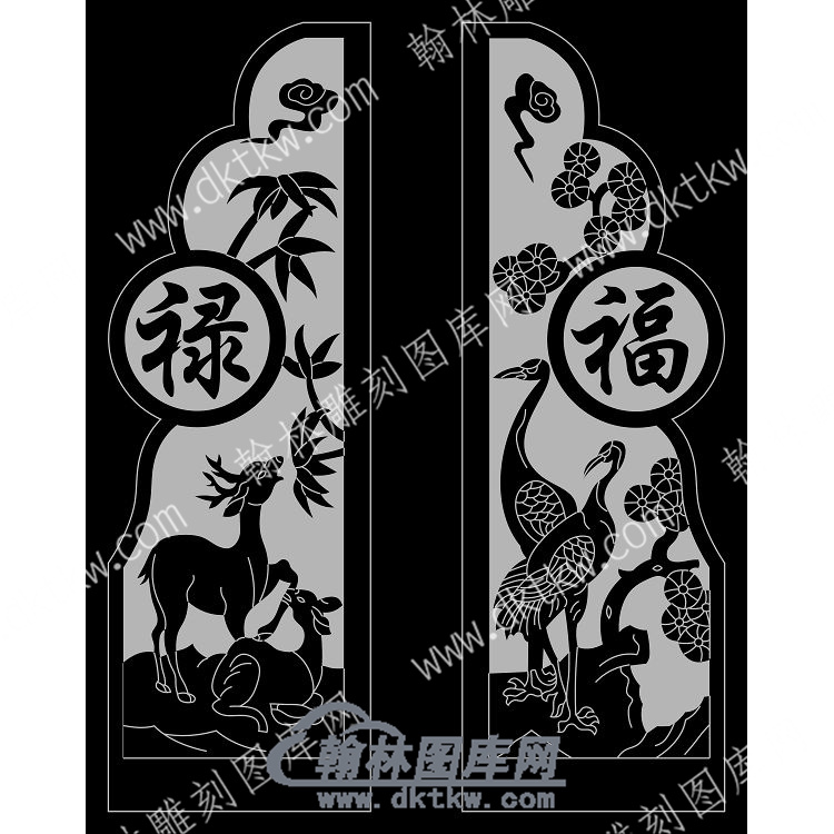墓碑抱鼓耳朵仙鹤鹿花草线雕图 （MBBG-849).jpg
