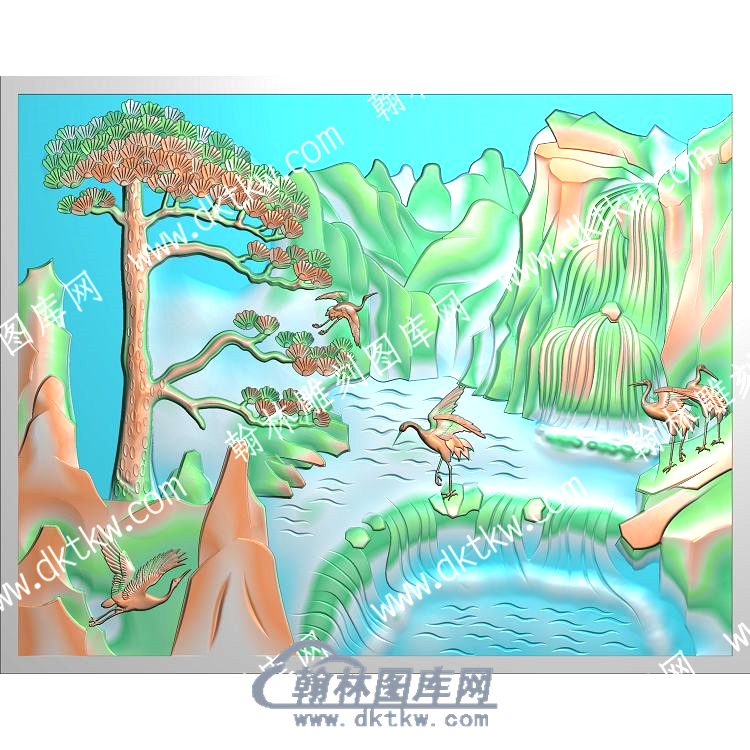 中式山瀑布松鹤精雕图（ZSZW-384）.jpg