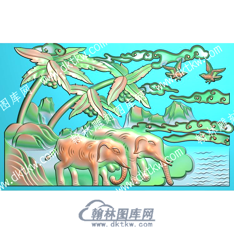 中式椰树祥云鸟大象精雕图（ZSDW-499）.jpg