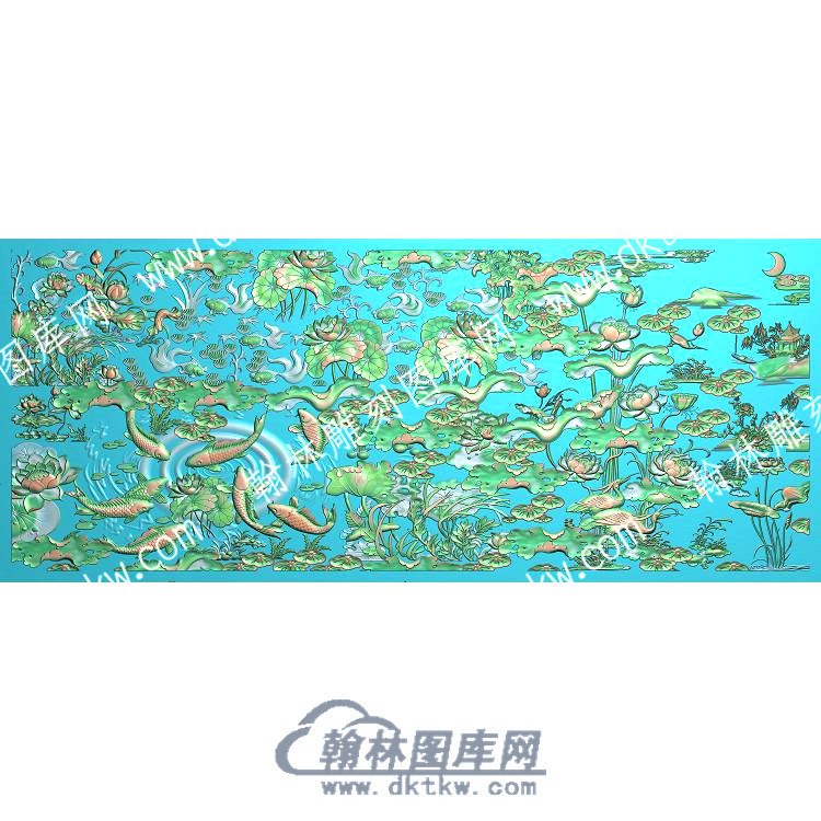 中式荷叶莲花莲蓬鲤鱼水草精雕图（ZSZW-694）.jpg