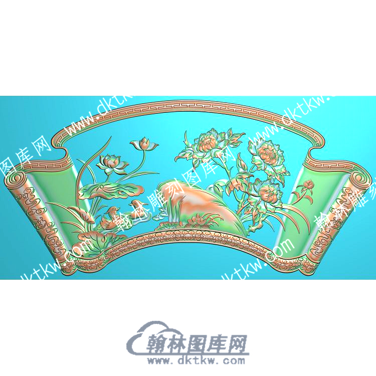 中式画轴祥云纹荷叶莲花鸳鸯花精雕图（ZSDW-536）.jpg