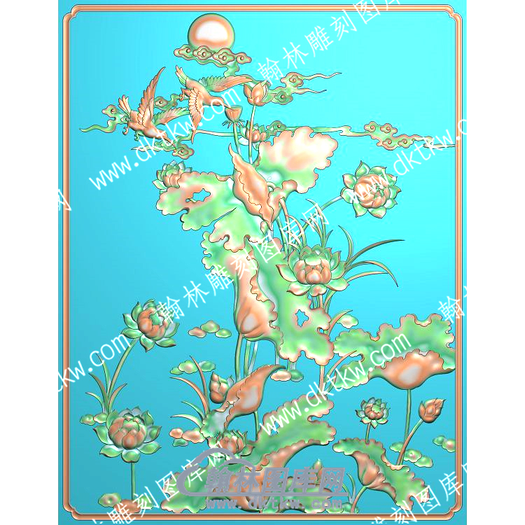 中式荷叶莲花莲蓬祥云水草精雕图（ZSZW-205）.jpg