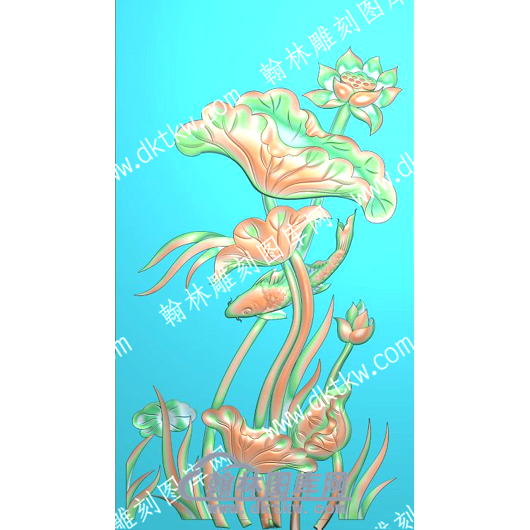 中式莲花水草荷叶鲤鱼精雕图（ZSZW-256）.jpg