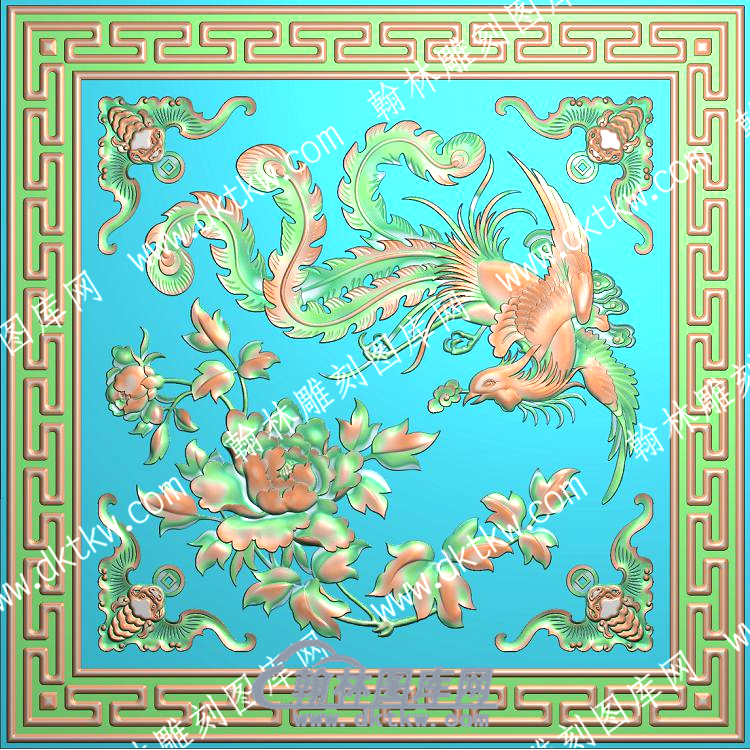 中式回纹边框蝙蝠牡丹精雕图（ZSZW-328）.jpg