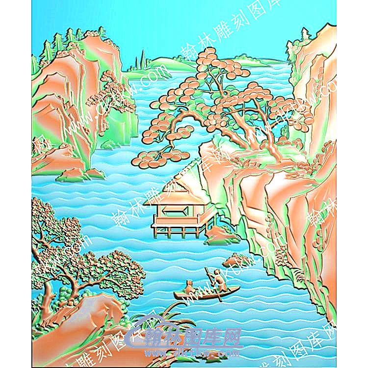 船夫松树房屋山山水建筑精雕图（ZSSS-069）.jpg