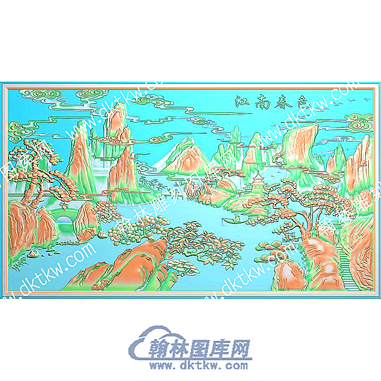 江南春色祥云桥松树海鸥山船夫亭子山水建筑精雕图（ZSSS-063）.jpg