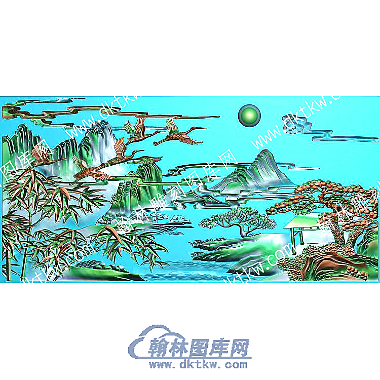 竹子仙鹤祥云山庭院栋数枫叶山山水建筑精雕图（ZSSS-093）.jpg
