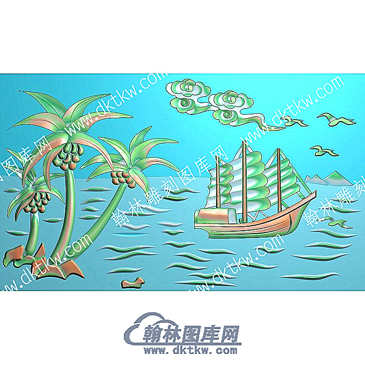 中式椰树帆船祥云海鸥精雕图（ZSSS-153）.jpg