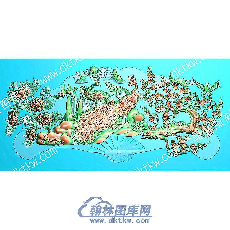 中式牡丹孔雀扇形精雕图（ZSDW-634）.jpg
