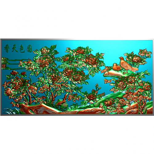 石材花鸟牡丹背景墙浮雕图（YD-39）
