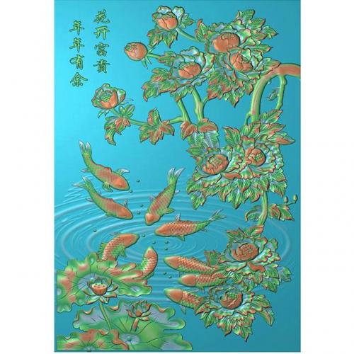 鲤鱼荷花牡丹精雕图（MD-065）